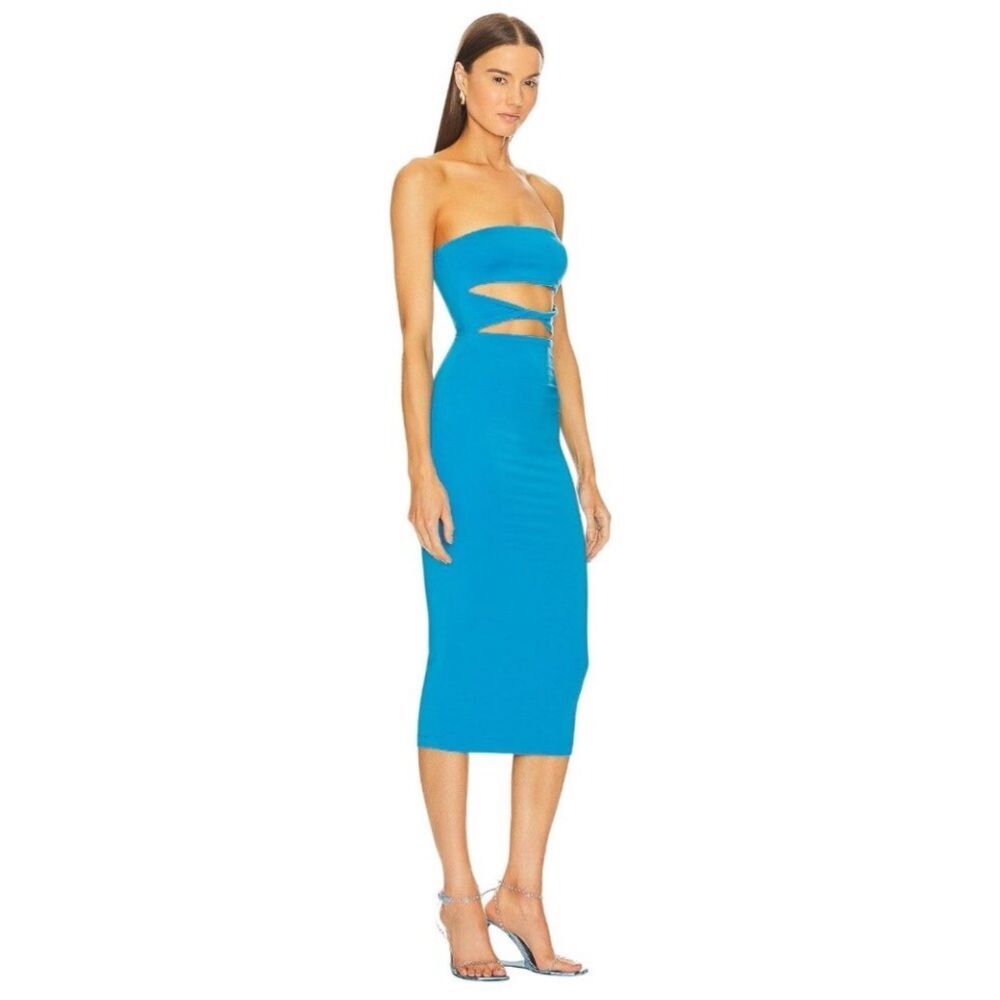 Ser.o.ya Strapless Twist Front Cut Out Bodycon Midi Blue Dress XXS